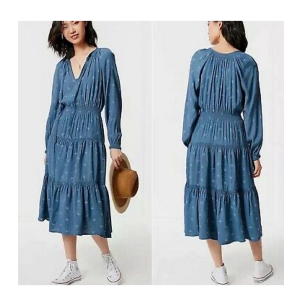 Urban Outfitters Tiered Blue Boho Peasant Long Sleeve Midi Dress Size XS